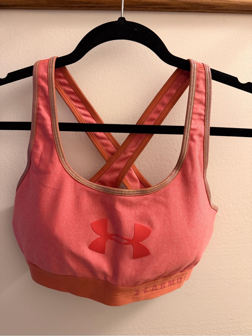 Under Armour Coral Pink Sports Bra with Orange Trim and Crisscross Back